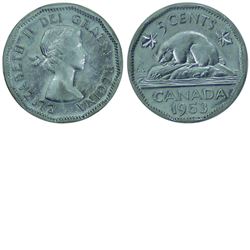 5-cent 1953 NSF NL; Cameo "MULE" ICCS Certified AU-50. A nice clean rust free example of this variet