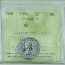 5-cent 1954 SF, ICCS Certified PL-66. Pristine early Proof Like coin.