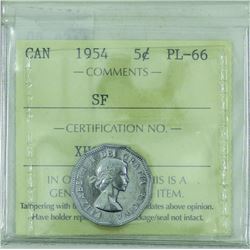 5-cent 1954 SF, ICCS Certified PL-66. Pristine early Proof Like coin.