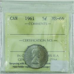 5-cent 1961 ICCS Certified MS-66. Top 10, tied for the finest known.