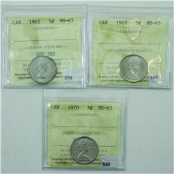 5-cent 1961, 1969 & 1970 ICCS Certified MS-65. 3pcs