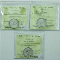 5-cent 1965, 1971 & 1972 ICCS Certified PL-66 Heavy Cameo. 3pcs