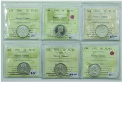 5-cent 1966, 1968, 1969, 1970, 1971 & 1972 ICCS Certified PL-65 Heavy Cameo. 6pcs.