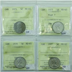 5-cent 1975, 1977 High 7, 1978  & 1979 ICCS Certified MS-65. 4pcs