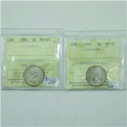 5-cent 1986 & 1989 ICCS Certified MS65. 2pcs.