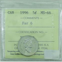 5-cent 1996 Far 6, ICCS Certified MS-66! TOP 10! Highest grade by ICCS!