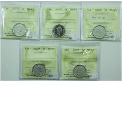 5-cent 2001P, 2002P, 2003P, 2003P New Effigy & 2004P ICCS Certified MS-65. 5pcs