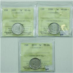 5-cent 2007, 2008 & 2010 ICCS Certified MS-66. All coins are tied for the finest known. 3pcs