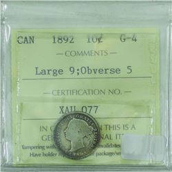 10-cent 1892 Large 9; Obverse 5, ICCS Certified G-4