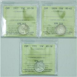 10-cent Group Lot of ICCS Certified Coins: 1917 AU-58, 1919 MS-62 & 1931 AU-58. 3pcs