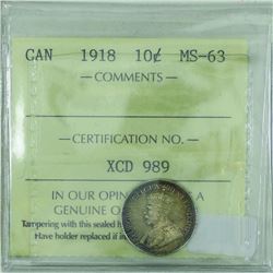 10-cent 1918 ICCS Certified MS63. Golden Toning