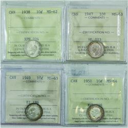 10-cent Group Lot of ICCS Certified Coins: 1938 MS-62, 1947 MS-63, 1949 MS-63 & 1951 MS-64. 4pcs