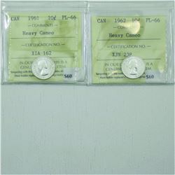 10-cent 1961 & 1962 ICCS PL66 Heavy Cameo. Lot of 2 coins. Blast white!