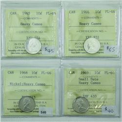 10-cent 1965, 1966, 1968 & 1969 ICCS PL66 Heavy Cameo. Lot of 4 coins.