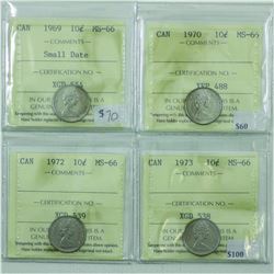 10-cent 1969, 1970, 1972 & 1973 ICCS MS66. 4pcs. All coins tied for finest known, except for 1970.