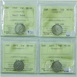 10-cent 1969, 1970, 1972 & 1973 ICCS MS66. 4pcs. All coins tied for finest known, except for 1970.