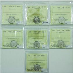 10-cent 1970, 1978, 1984, 1986, 1987, 1990 & 1991 ICCS MS65. 7pcs