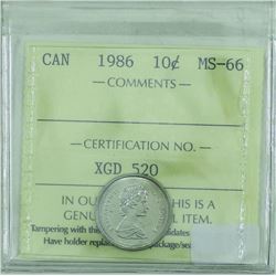 10-cent 1986 ICCS Certified MS-66. Top 10, tied for the finest known.