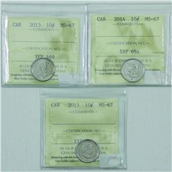 10-cent 2013, 2014 & 2015 ICCS MS67. Tied for the finest known. 3pcs