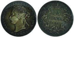 25-cent 1870 Obverse 1, ICCS Certified AU-55. An attractively toned coin with lighter center and dar