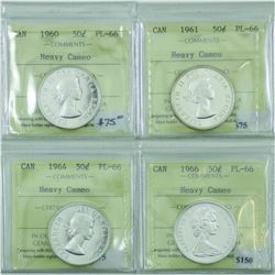 50-cent 1960, 1961, 1964 & 1966 ICCS Certified PL66 Heavy Cameo. All coins are blast white! 4pcs