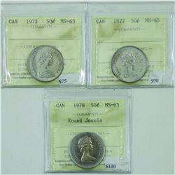 50-cent 1972, 1977 & 1978 Round Jewel variety ICCS Certified MS-65. 3pcs