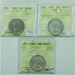 50-cent 1980, 1981 & 1987 ICCS Certified MS-65. 3pcs