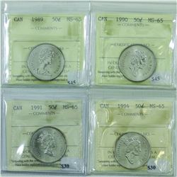 50-cent 1989, 1990, 1991 & 1994 ICCS MS-65. 4pcs