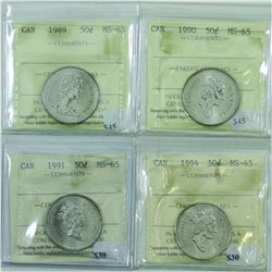 50-cent 1989, 1990, 1991 & 1994 ICCS MS-65. 4pcs