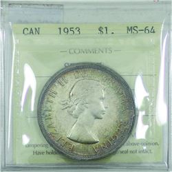 Silver $1 1953 Shoulder Fold, Short Water Line ICCS Certified MS-64. Attractive light tones.