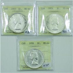 Silver $1 1953 NSF, 1954 & 1958 ICCS Certified MS-64. 3pcs