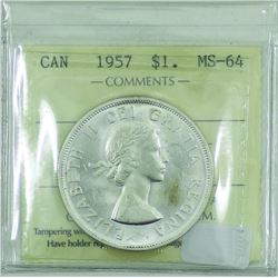 Silver $1 1957 ICCS Certified MS-64. A bright coin with rolling luster.