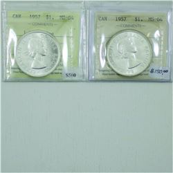 Silver $1 1957 Water Line & 1957 No Water Line ICCS Certified MS-64. 2pcs.