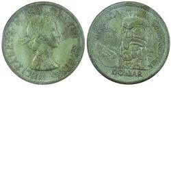 Silver $1 1958 British Columbia Totem Pole Commemorative. ICCS Certified MS-65 lightly toned with Pi