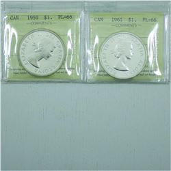 Silver $1 Pair of ICCS Certified PL-66. You will receive 1959, and 1961 Cameo. 2 pcs.