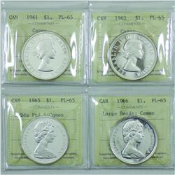 Silver $1 ICCS Certified 1961, 1962, 1965 SB Ptd5 and 1966 ICCS Certified PL-65 Cameo. 4pcs