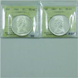 Silver $1 Lot of 2 x ICCS Certified MS-64. You will receive 1965 Large Beads Blunt 5 & 1967. 2pcs