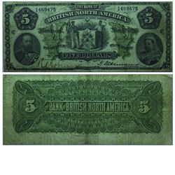 1886 Bank of British North America $5.  55-22-04, Various-Stickman, PMG VF-20.  S/N: 1469475. The no