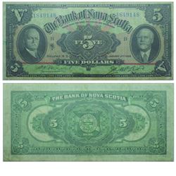 1929 Bank of Nova Scotia $5.  550-34-02, BCS VF-20.  S/N: 1849148.  Some slight staining