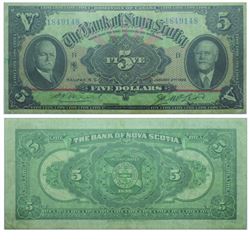 1929 Bank of Nova Scotia $5.  550-34-02, BCS VF-20.  S/N: 1849148.  Some slight staining