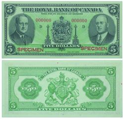 1943 Royal Bank of Canada Specimen $5. 630-20-02S, PMG CUNC-64 (hinged)