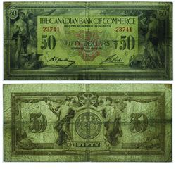 1917 Canadian Bank of Commerce $50. 75-16-04-22, Walker-Aird signatures, VG. S/N: 23741. An entry le