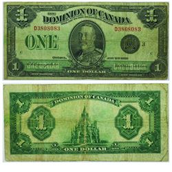 1923 Dominion of Canada $1 RADAR note; DC-25n, VG. S/N: D3808083. A scarce sheet number to have on s