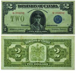 1923 Dominion of Canada $2. DC-26i, Blue Seal, Group 2, VF-EF.  S/N: S-759252.