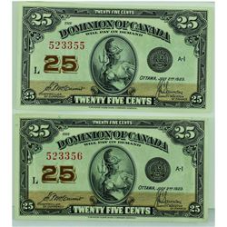 1923 Dominion of Canada 25c Lot of 2 with consecutive serial numbers, EF-AU conditions. DC-24c, S/N: