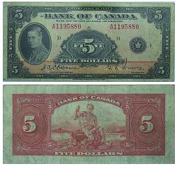 1935 Bank of Canada English $5. BC-5, Osborne-Towers, BCS VF-20. S/N: A1195880.  A respectable examp