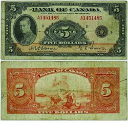 1935 Bank of Canada English $5. BC-5, Osborne-Towers, VG. S/N: A1451485