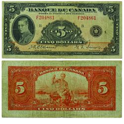 1935 Bank of Canada French $5. BC-6, Osborne-Towers, F. S/N: F204861.