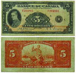 1935 Bank of Canada French $5. BC-6, Osborne-Towers, F. S/N: F204861.