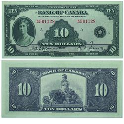 1935 Bank of Canada English $10. BC-7, PMG AU-58, EPQ.  S/N: A561128